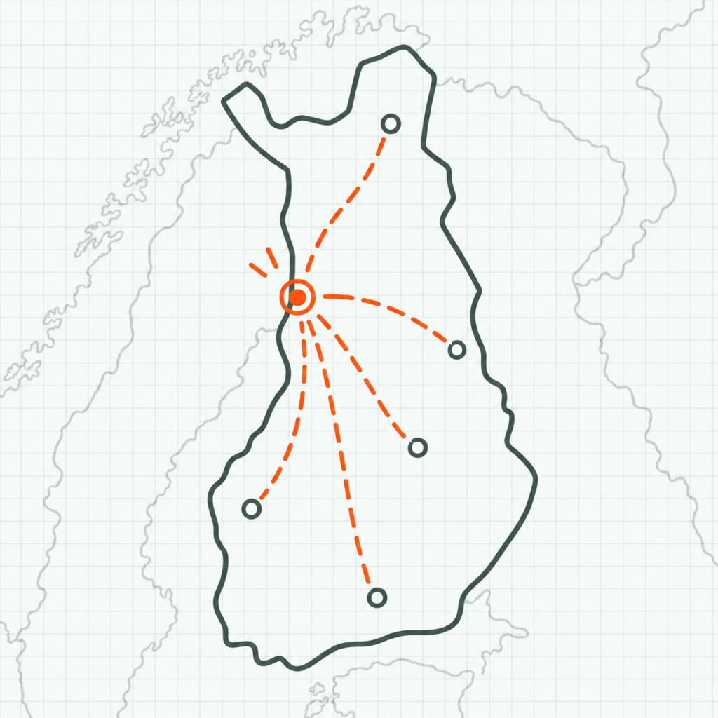 Suomen kartta ruutupaperilla: pohjoisesta lähtöpisteestä ulottuu oransseja katkoviivoja eri puolille Suomea. Naapurimaat näkyvät hentoina taustalla.